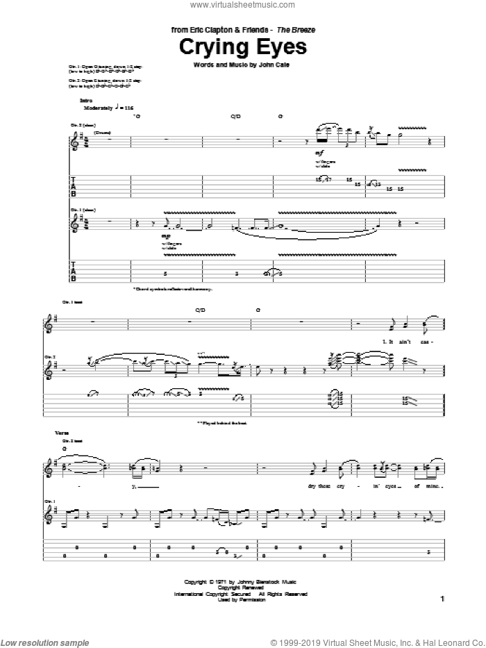 Crying Eyes sheet music for guitar (tablature) by Eric Clapton, JJ Cale and John Cale, intermediate skill level
