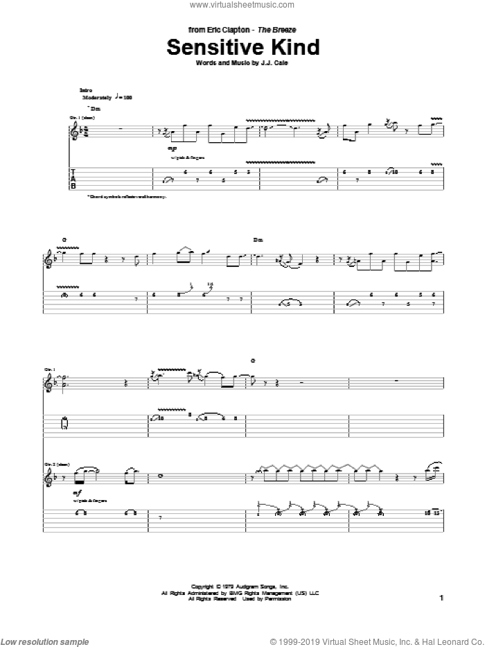 Sensitive Kind sheet music for guitar (tablature) by Eric Clapton, JJ Cale and John Cale, intermediate skill level