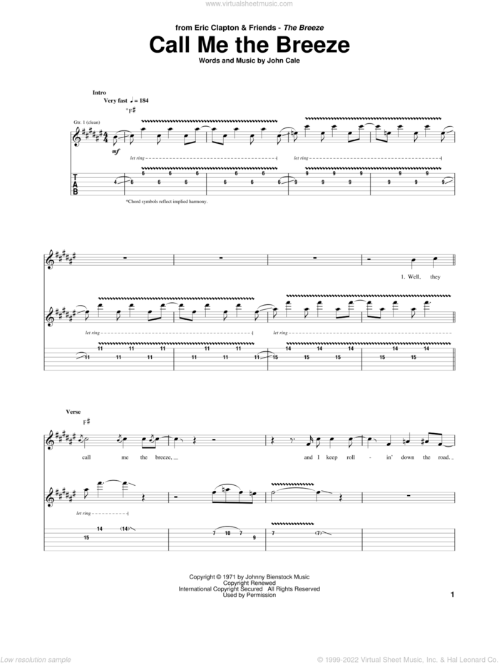 Call Me The Breeze sheet music for guitar (tablature) by Eric Clapton, JJ Cale, Lynyrd Skynyrd and John Cale, intermediate skill level