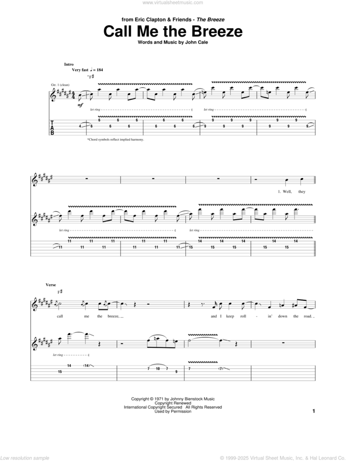 Call Me The Breeze sheet music for guitar (tablature) by Eric Clapton, JJ Cale, Lynyrd Skynyrd and John Cale, intermediate skill level