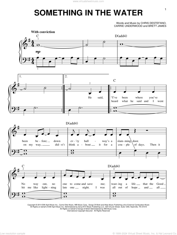 Something In The Water sheet music for piano solo by Carrie Underwood, Brett James and Chris Destefano, beginner skill level