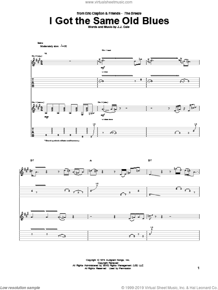 I Got The Same Old Blues sheet music for guitar (tablature) by Eric Clapton, JJ Cale and John Cale, intermediate skill level