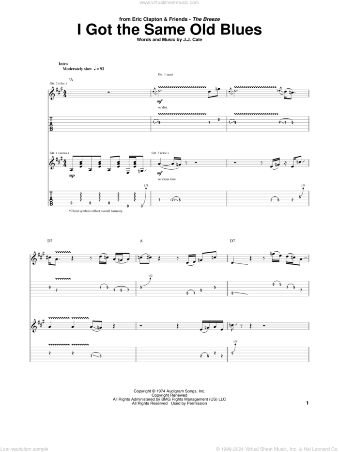 I Got The Same Old Blues sheet music for guitar (tablature) by Eric Clapton, JJ Cale and John Cale, intermediate skill level