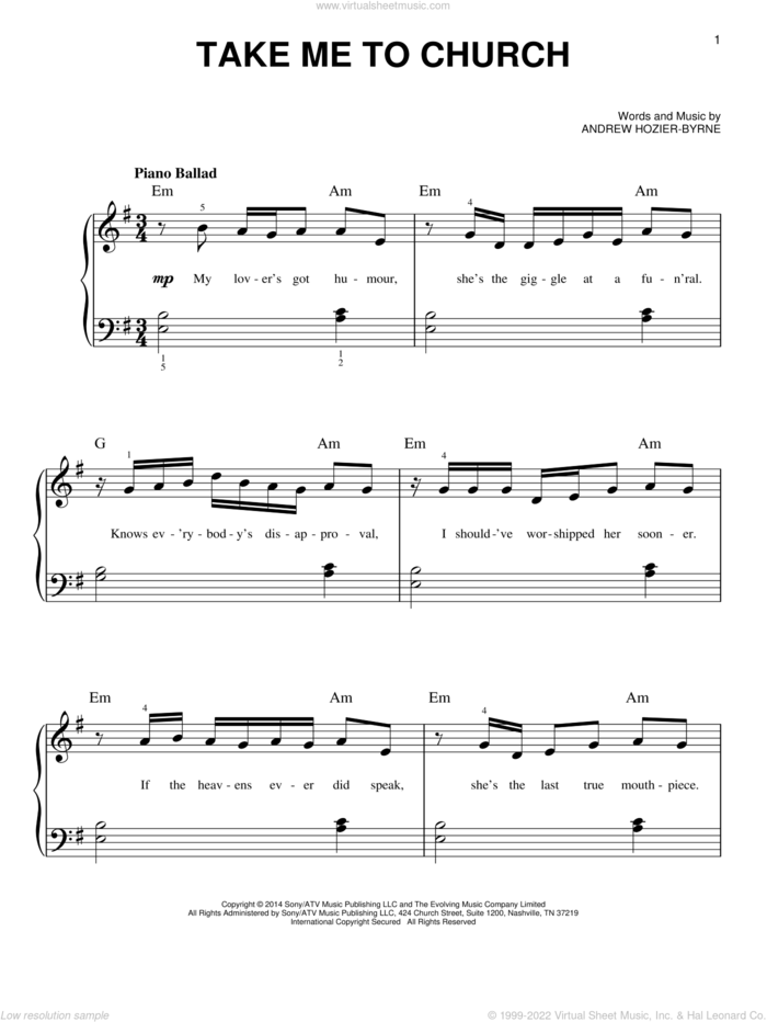 Take Me To Church, (beginner) sheet music for piano solo by Hozier and Andrew Hozier-Byrne, beginner skill level