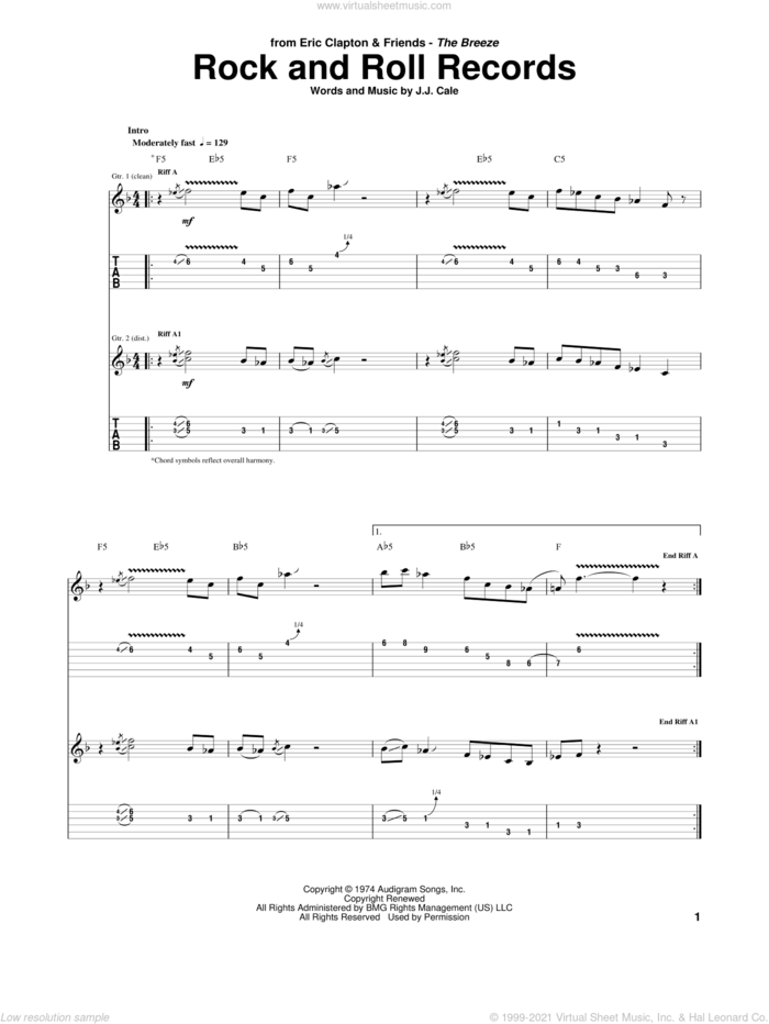 Rock And Roll Records sheet music for guitar (tablature) by Eric Clapton, JJ Cale and John Cale, intermediate skill level