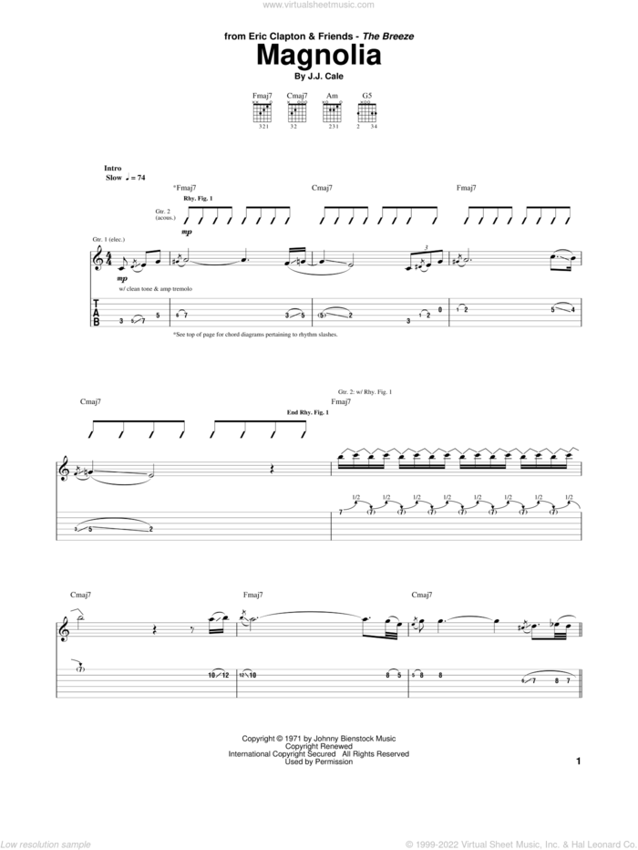 Magnolia sheet music for guitar (tablature) by Eric Clapton, JJ Cale and John Cale, intermediate skill level