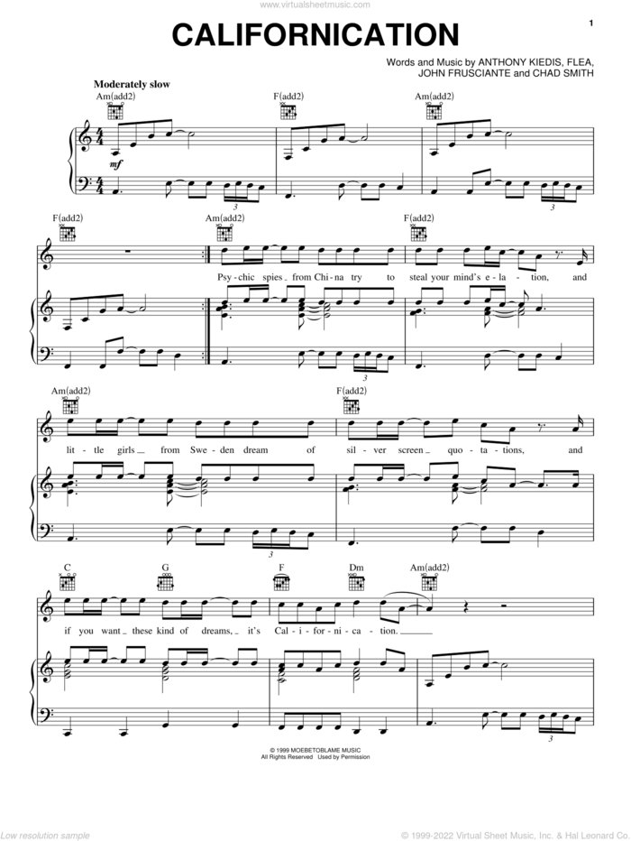 Californication sheet music for voice, piano or guitar by Red Hot Chili Peppers, Anthony Kiedis, Chad Smith, Flea and John Frusciante, intermediate skill level