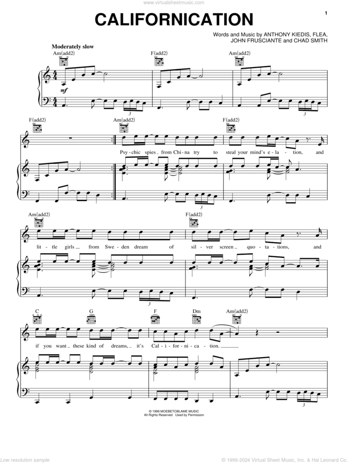 Californication sheet music for voice, piano or guitar by Red Hot Chili Peppers, Anthony Kiedis, Chad Smith, Flea and John Frusciante, intermediate skill level