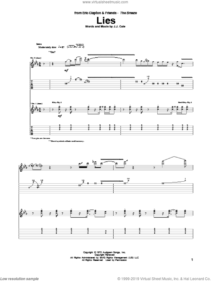 Lies sheet music for guitar (tablature) by Eric Clapton, JJ Cale and John Cale, intermediate skill level
