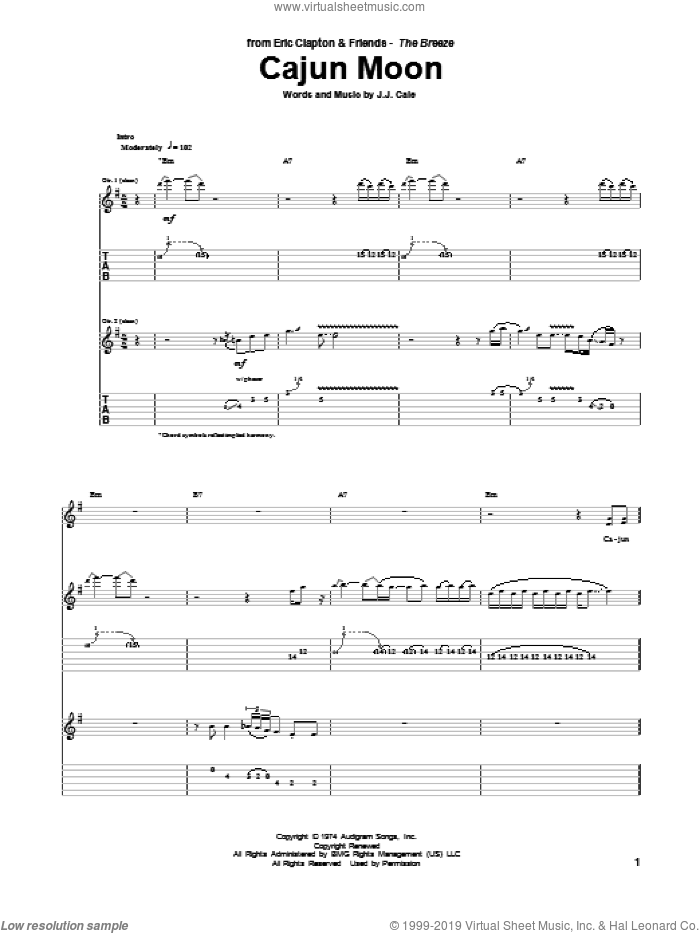 Cajun Moon sheet music for guitar (tablature) by Eric Clapton, JJ Cale and John Cale, intermediate skill level