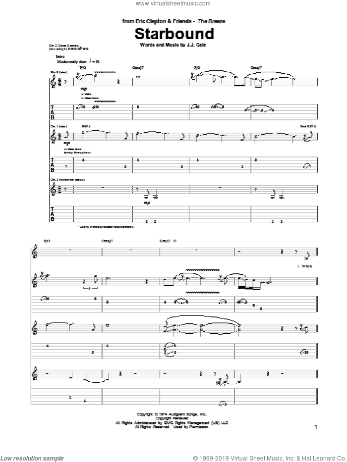 Starbound sheet music for guitar (tablature) by Eric Clapton, JJ Cale and John Cale, intermediate skill level