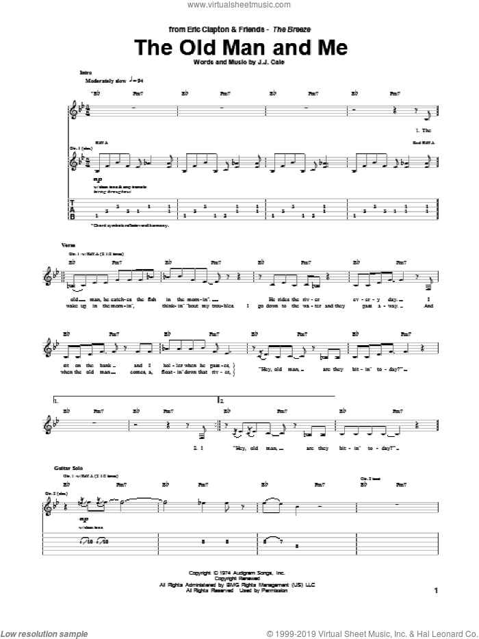 The Old Man And Me sheet music for guitar (tablature) by Eric Clapton, JJ Cale and John Cale, intermediate skill level
