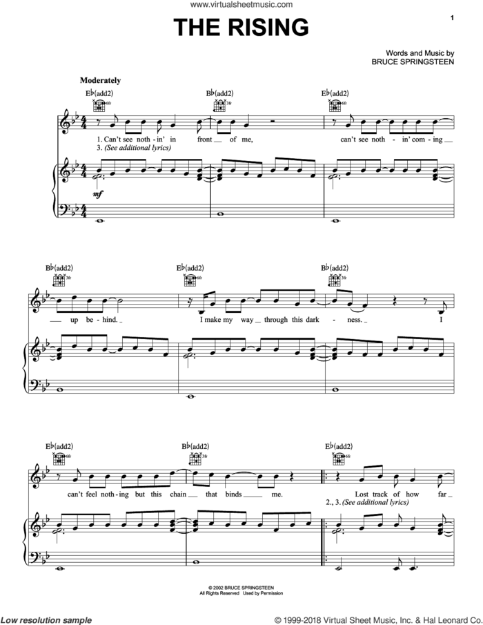 The Rising sheet music for voice, piano or guitar by Bruce Springsteen, intermediate skill level