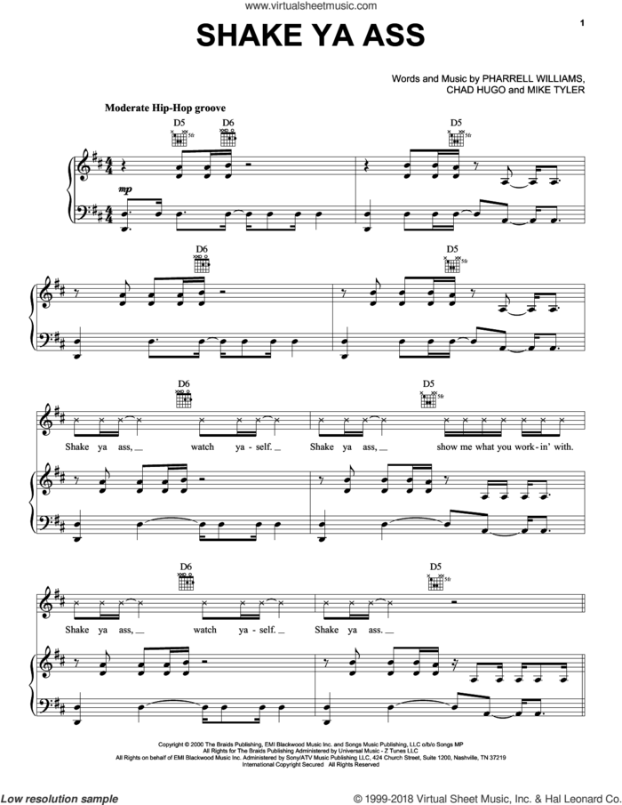 Shake Ya Ass sheet music for voice, piano or guitar by Mystikal, Chad Hugo, Mike Tyler and Pharrell Williams, intermediate skill level