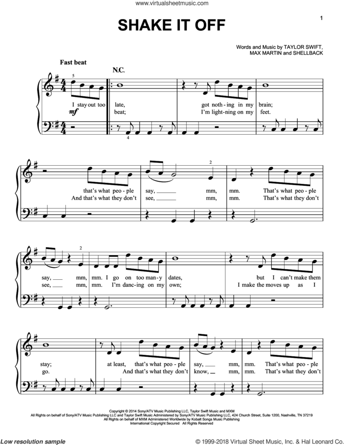 Shake It Off, (beginner) sheet music for piano solo by Taylor Swift, Johan Schuster, Max Martin and Shellback, beginner skill level