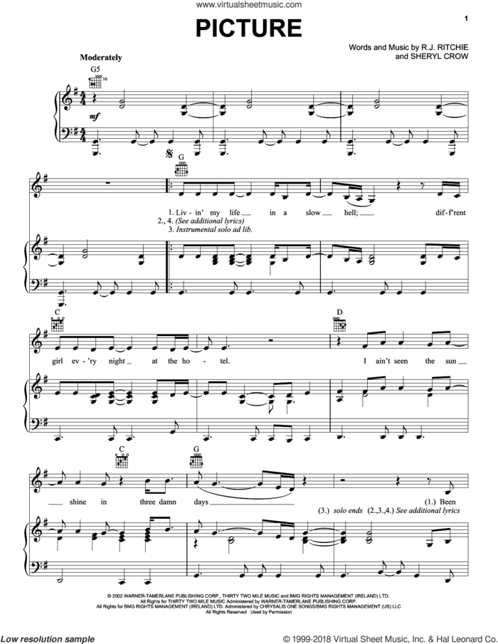 Picture sheet music for voice, piano or guitar by Kid Rock, R.J. Ritchie and Sheryl Crow, intermediate skill level