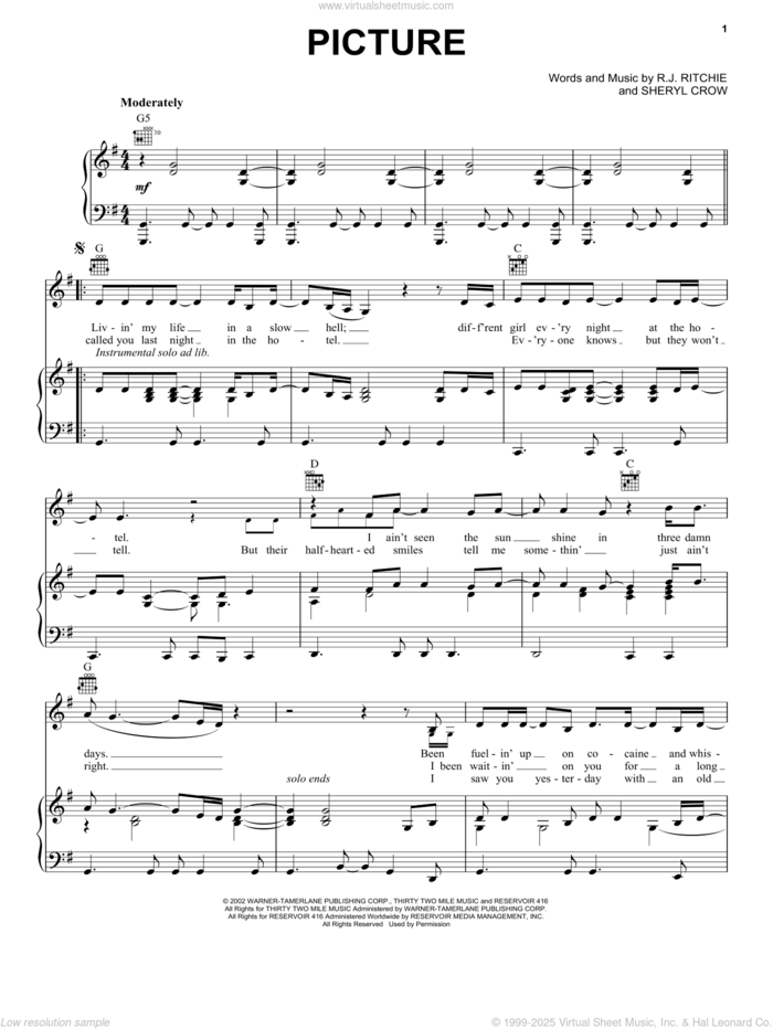 Picture sheet music for voice, piano or guitar by Kid Rock, R.J. Ritchie and Sheryl Crow, intermediate skill level