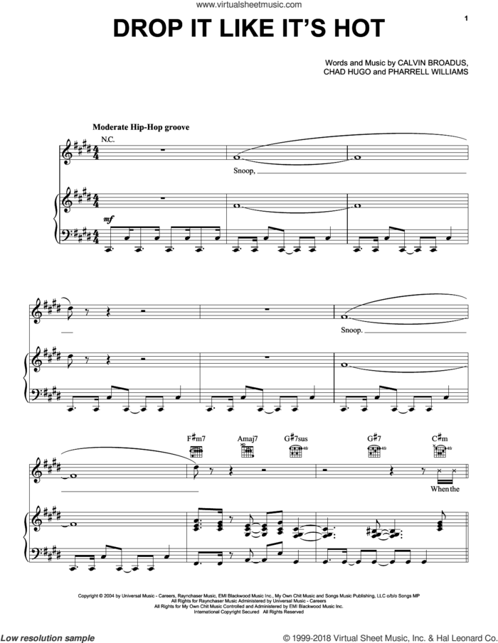 Drop It Like It's Hot sheet music for voice, piano or guitar by Snoop Dogg feat. Pharrell, Calvin Broadus, Chad Hugo and Pharrell Williams, intermediate skill level