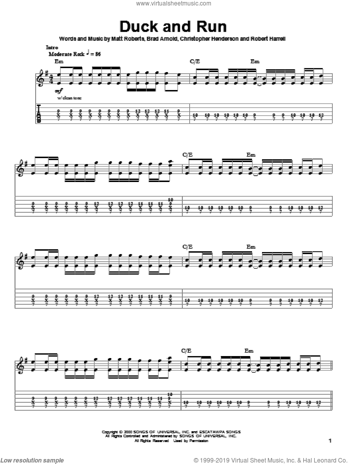 Duck And Run sheet music for guitar (tablature, play-along) by 3 Doors Down, Brad Arnold, Christopher Henderson, Matt Roberts and Robert Harrell, intermediate skill level
