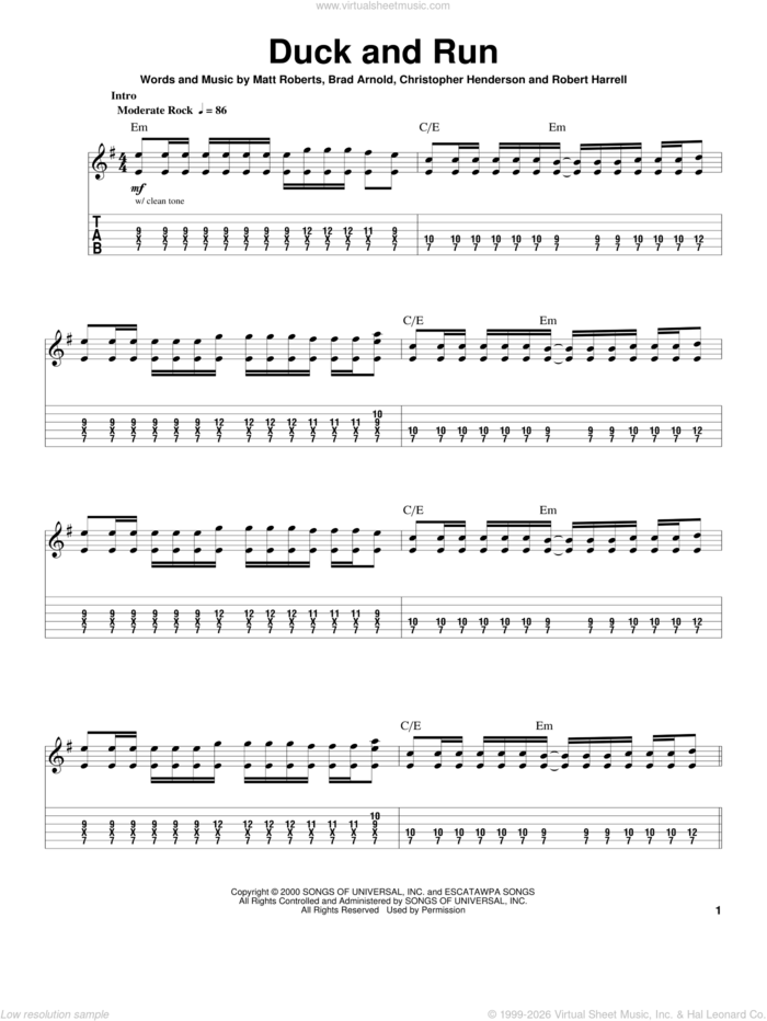 Duck And Run sheet music for guitar (tablature, play-along) by 3 Doors Down, Brad Arnold, Christopher Henderson, Matt Roberts and Robert Harrell, intermediate skill level