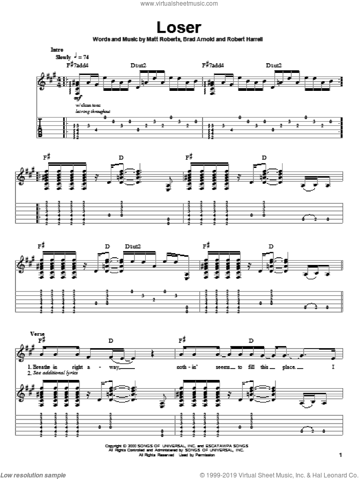 Loser sheet music for guitar (tablature, play-along) by 3 Doors Down, Brad Arnold, Matt Roberts and Robert Harrell, intermediate skill level