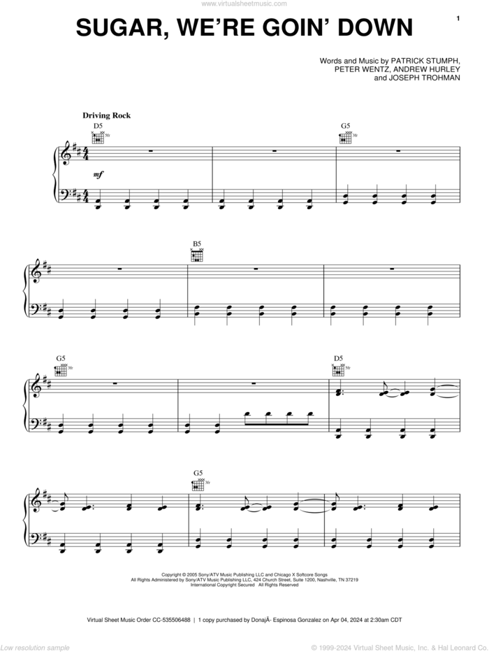 Sugar, We're Goin' Down sheet music for voice, piano or guitar by Fall Out Boy, Andrew Hurley, Joseph Trohman, Patrick Stumph and Peter Wentz, intermediate skill level