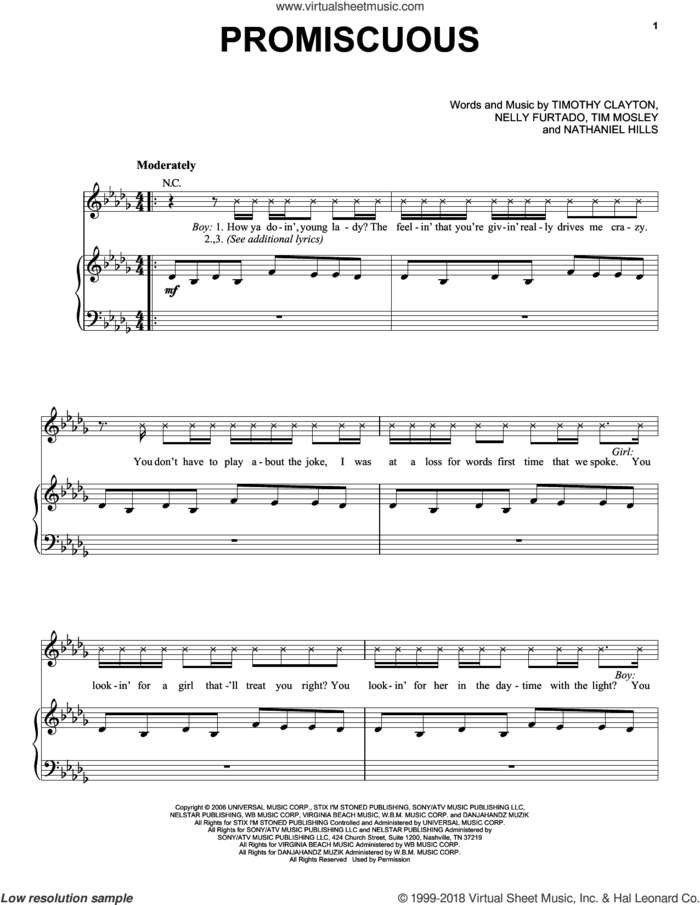 Promiscuous sheet music for voice, piano or guitar by Nelly Furtado, Nathaniel Hills, Tim Mosley and Timothy Clayton, intermediate skill level
