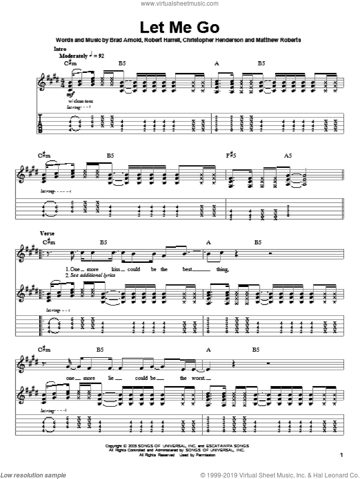Let Me Go sheet music for guitar (tablature, play-along) by 3 Doors Down, Brad Arnold, Christopher Henderson, Matthew Roberts and Robert Harrell, intermediate skill level