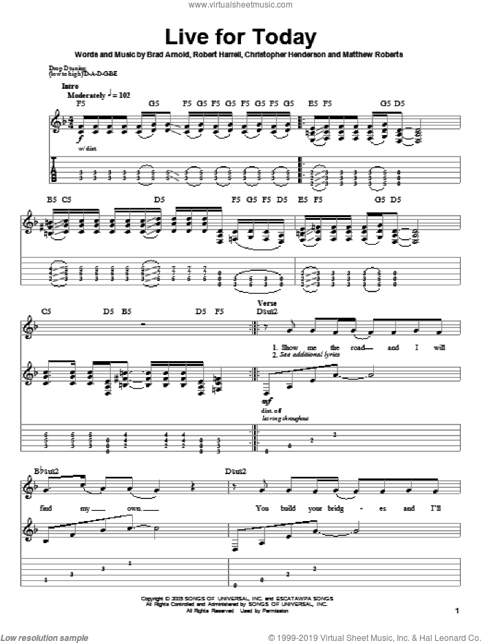 Live For Today sheet music for guitar (tablature, play-along) by 3 Doors Down, Brad Arnold, Christopher Henderson, Matthew Roberts and Robert Harrell, intermediate skill level