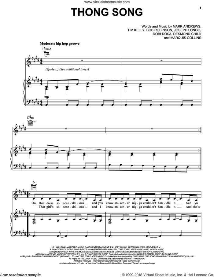 Thong Song sheet music for voice, piano or guitar by Sisqo, Bob Robinson, Desmond Child, Joseph Longo, Mark Andrews, Marquis Collins, Roby Rosa and Tim Kelly, intermediate skill level