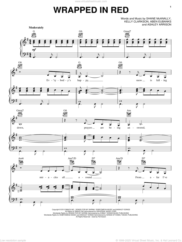 Wrapped In Red sheet music for voice, piano or guitar by Kelly Clarkson, Aben Eubanks, Ashley Arrison and Shane McAnally, intermediate skill level