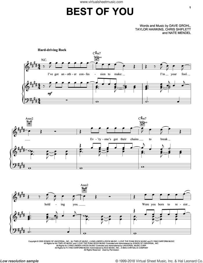 Best Of You sheet music for voice, piano or guitar by Foo Fighters, Chris Shiflett, Dave Grohl, Nate Mendel and Taylor Hawkins, intermediate skill level