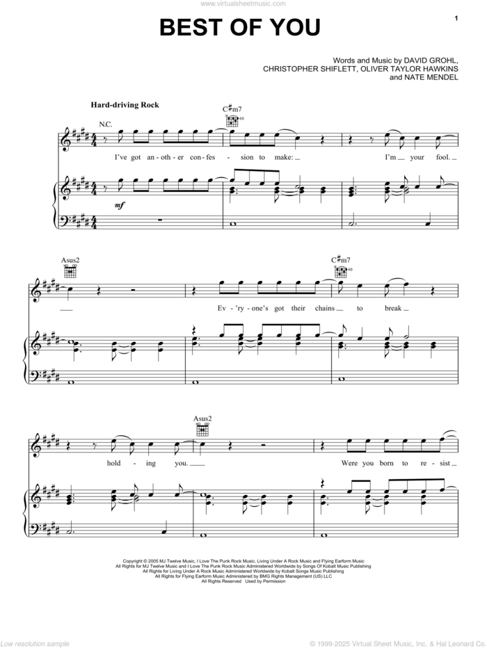 Best Of You sheet music for voice, piano or guitar by Foo Fighters, Chris Shiflett, Dave Grohl, Nate Mendel and Taylor Hawkins, intermediate skill level