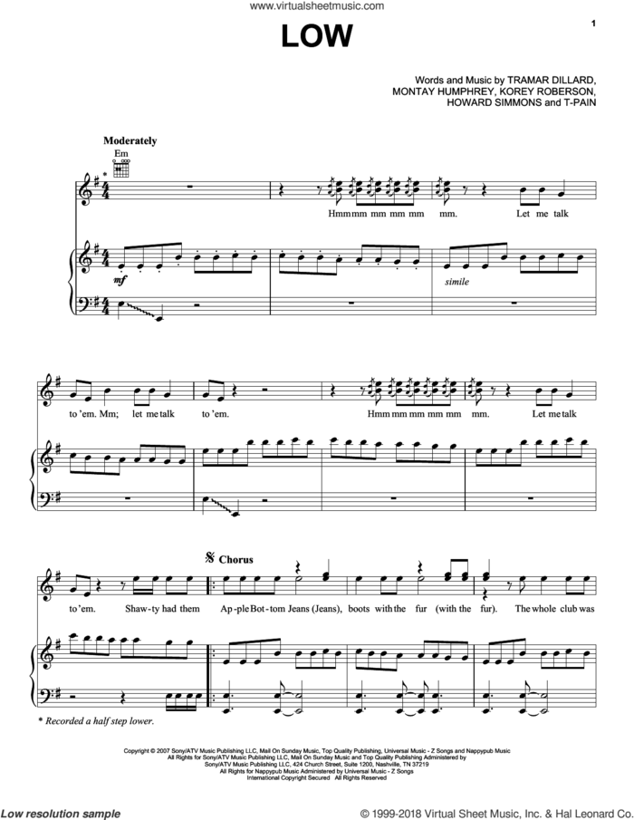 Low sheet music for voice, piano or guitar by Flo Rida featuring T-Pain, Howard Simmons, Korey Roberson, Montay Humphrey, T-Pain and Tramar Dillard, intermediate skill level