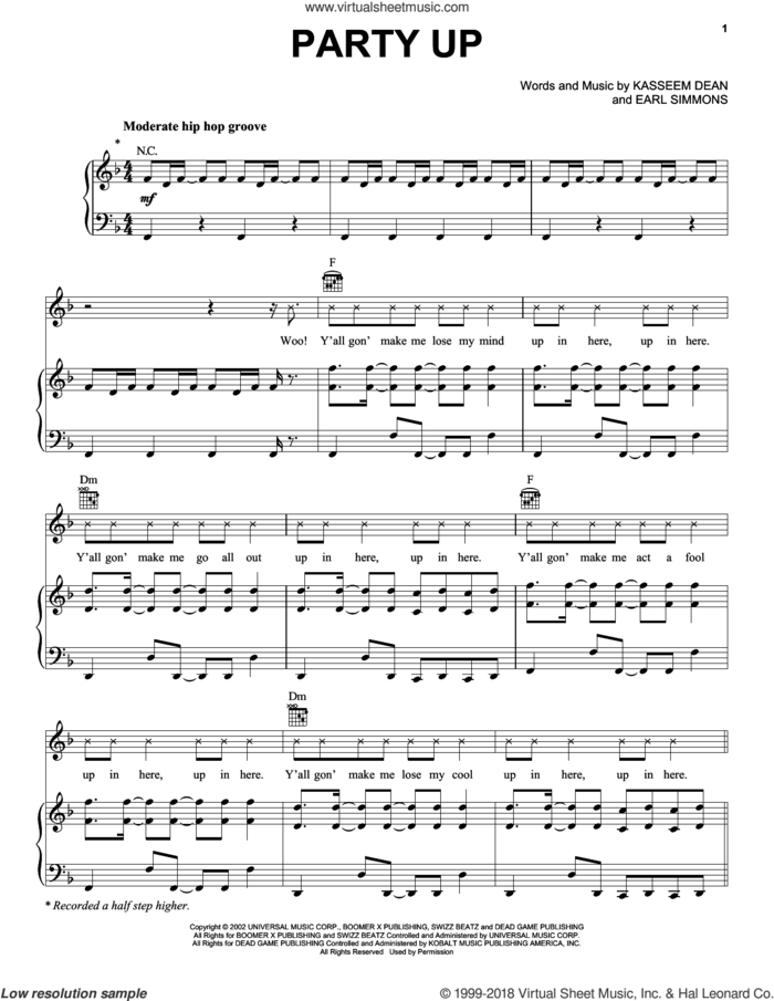Party Up sheet music for voice, piano or guitar by DMX, Miscellaneous, Earl Simmons and Kasseem Dean, intermediate skill level