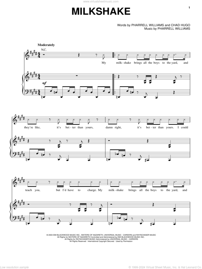 Milkshake sheet music for voice, piano or guitar by Kelis, Charles Hugo and Pharrell Williams, intermediate skill level