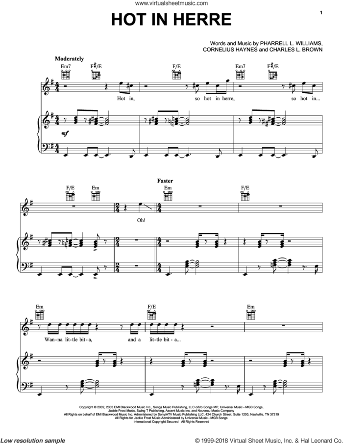 Hot In Herre sheet music for voice, piano or guitar by Nelly, Charles L. Brown, Cornelius Haynes and Pharrell L. Williams, intermediate skill level