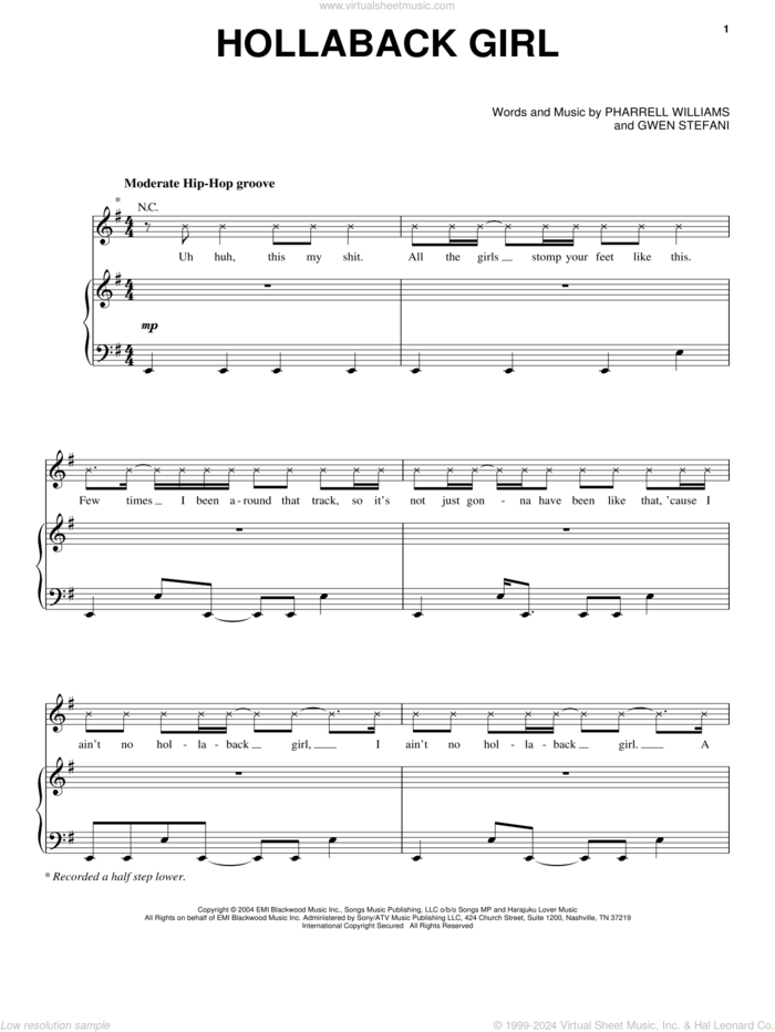 Hollaback Girl sheet music for voice, piano or guitar by Gwen Stefani and Pharrell Williams, intermediate skill level