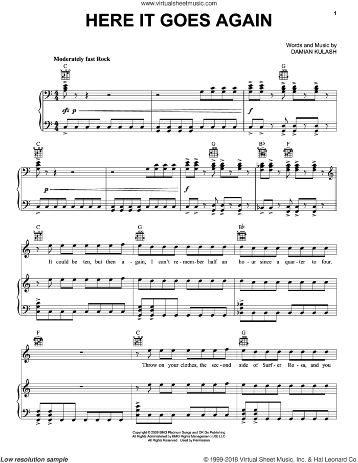 Here It Goes Again sheet music for voice, piano or guitar by OK Go and Damian Kulash, intermediate skill level