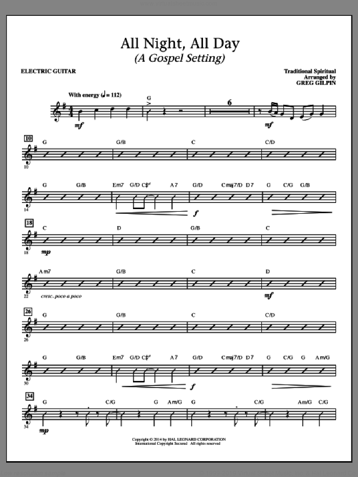 All Night, All Day (a Gospel Setting) sheet music for orchestra/band (guitar) by Greg Gilpin and Miscellaneous, intermediate skill level
