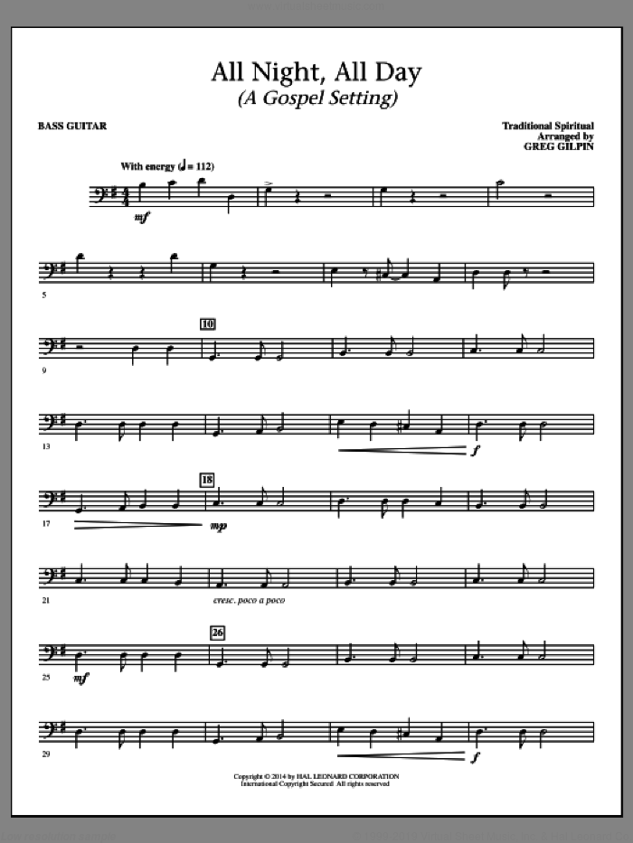 All Night, All Day (a Gospel Setting) sheet music for orchestra/band (bass) by Greg Gilpin and Miscellaneous, intermediate skill level