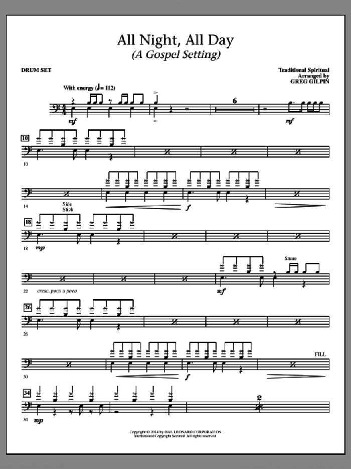 All Night, All Day (a Gospel Setting) sheet music for orchestra/band (drums) by Greg Gilpin and Miscellaneous, intermediate skill level