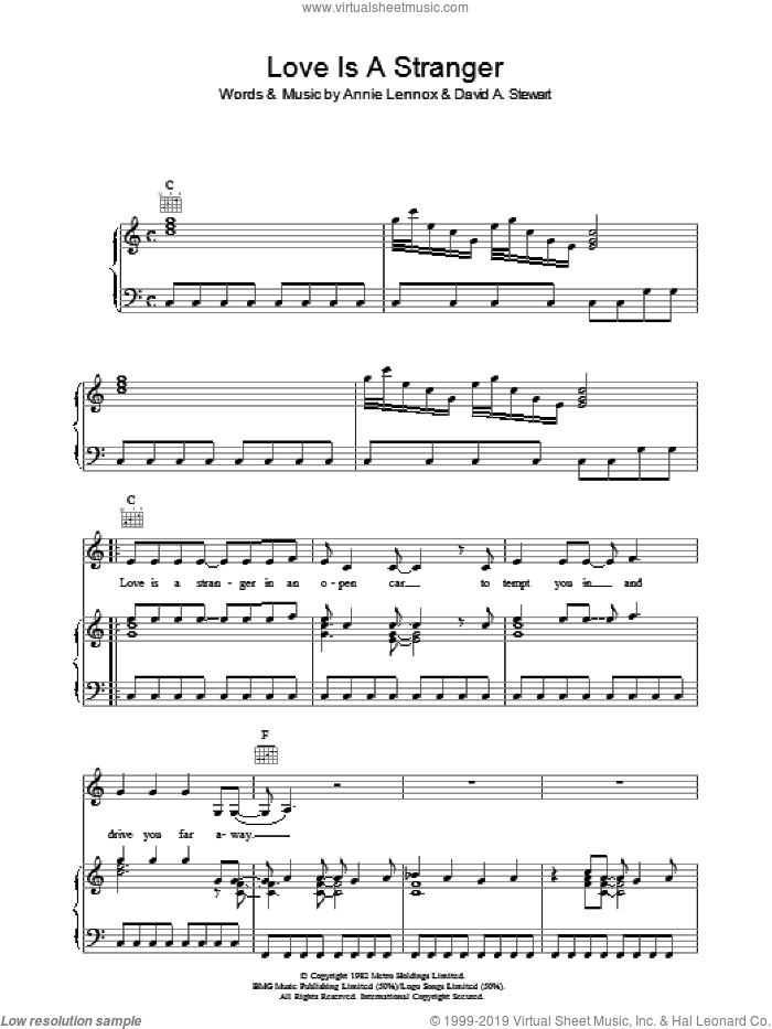 Love Is A Stranger sheet music for voice, piano or guitar by Eurythmics, Annie Lennox and Dave Stewart, intermediate skill level
