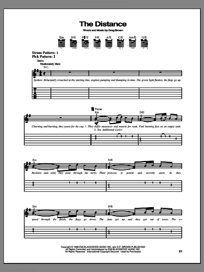 The Distance sheet music for guitar solo (easy tablature) by Cake and Greg Brown, easy guitar (easy tablature)