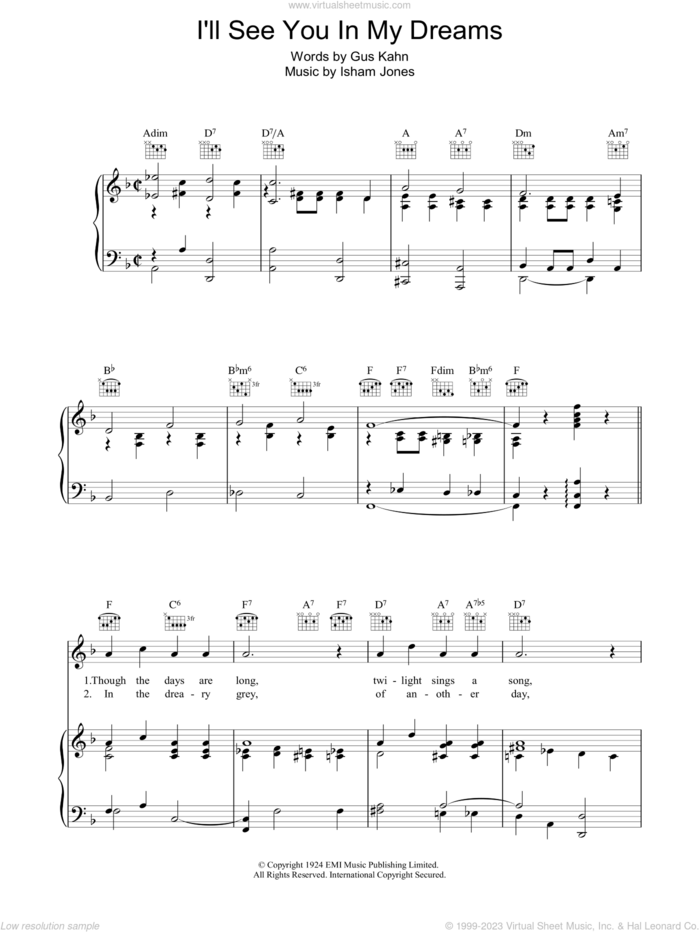 I'll See You In My Dreams sheet music for voice, piano or guitar by Gus Kahn and Isham Jones, intermediate skill level