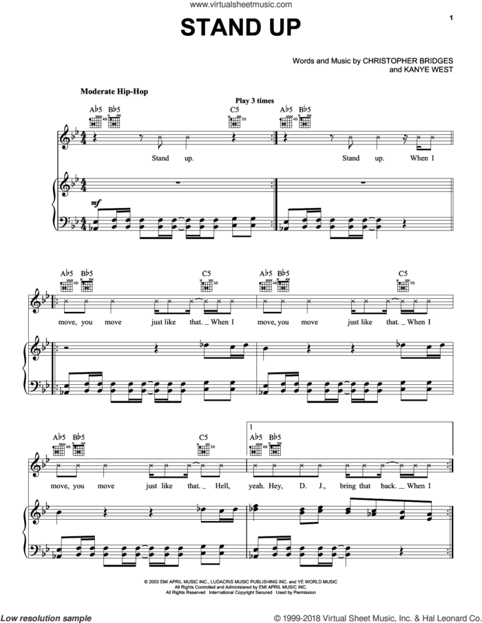 Stand Up sheet music for voice, piano or guitar by Ludacris, Christopher Bridges and Kanye West, intermediate skill level