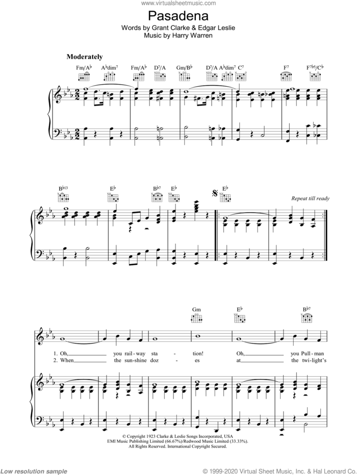 Pasadena sheet music for voice, piano or guitar by Harry Warren, Grant Clarke and Leslie Edgar, intermediate skill level