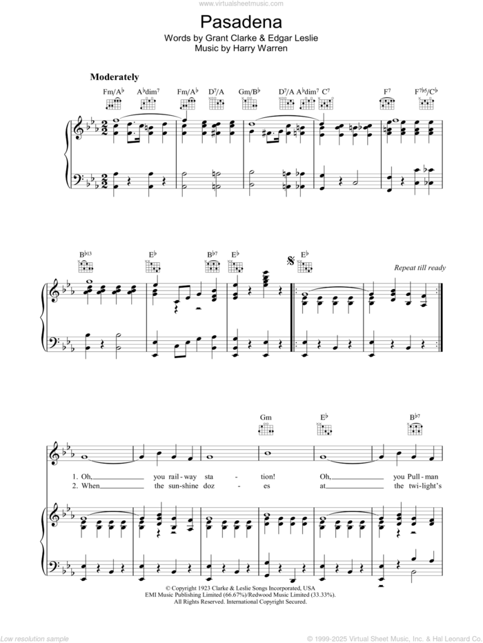 Pasadena sheet music for voice, piano or guitar by Harry Warren, Grant Clarke and Leslie Edgar, intermediate skill level