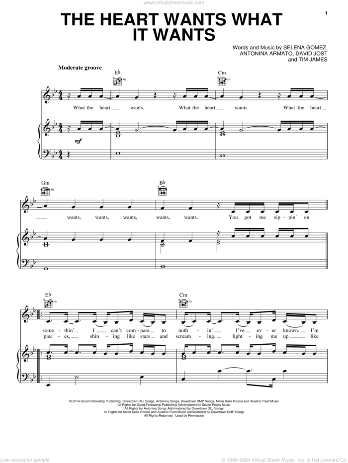 The Heart Wants What It Wants sheet music for voice, piano or guitar by Selena Gomez, Antonina Armato, David Jost and Tim James, intermediate skill level