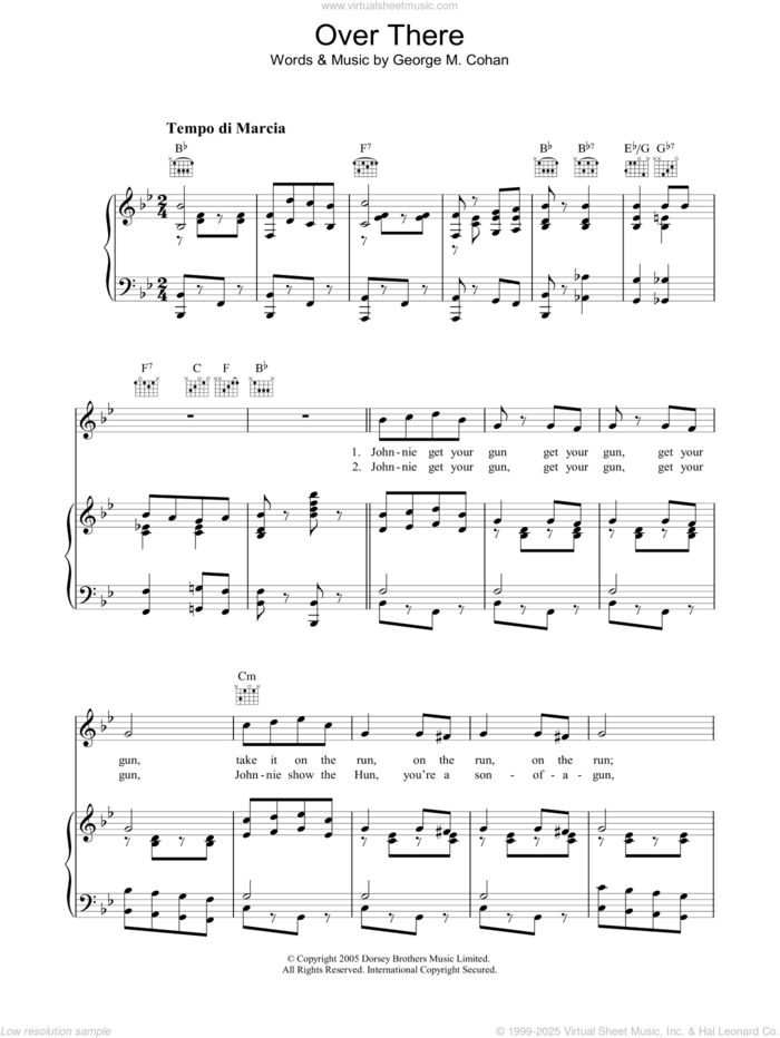 Over There sheet music for voice, piano or guitar by James Cagney and George M. Cohan, intermediate skill level